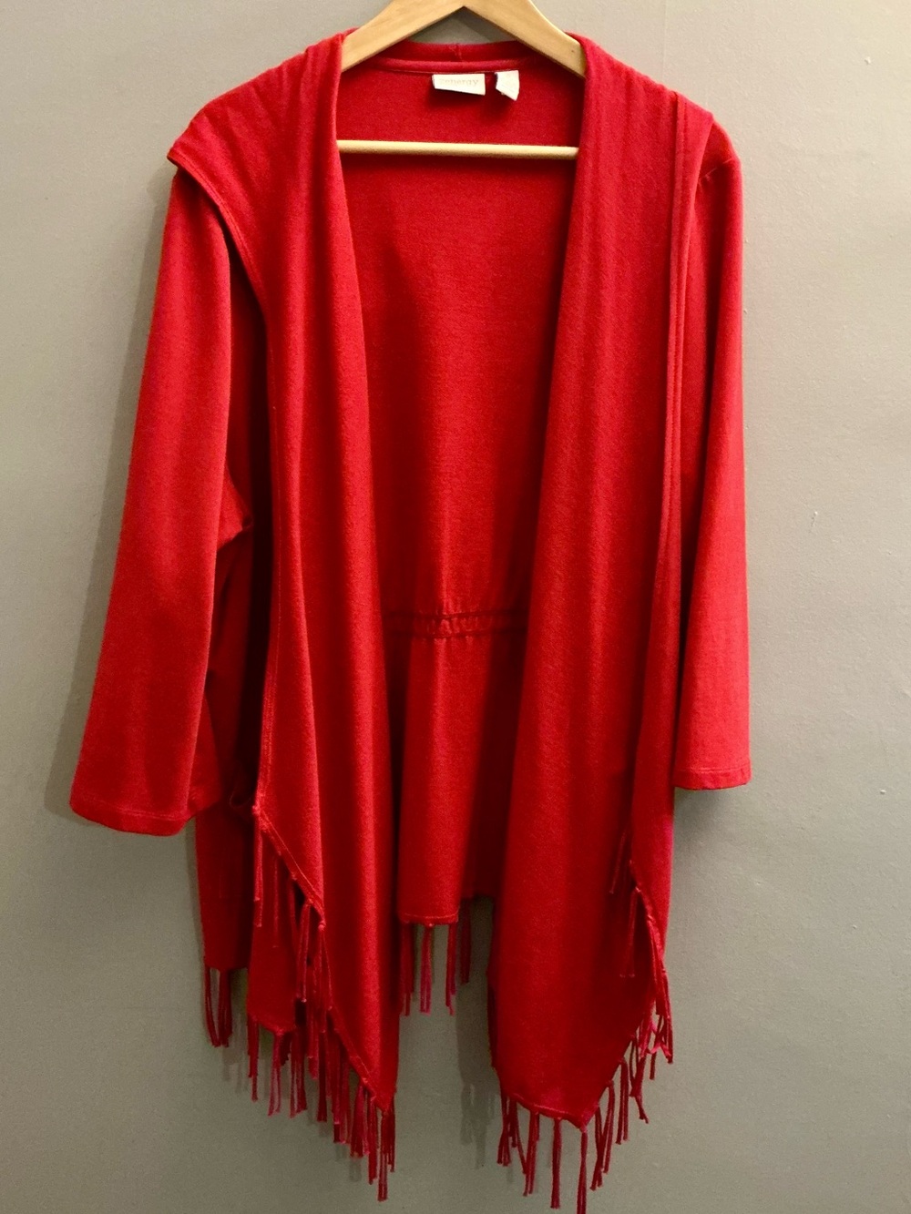 Chico’s Zenergy Lagenlook Red Hooded Fringe Open Front Cardigan Size 3 XL